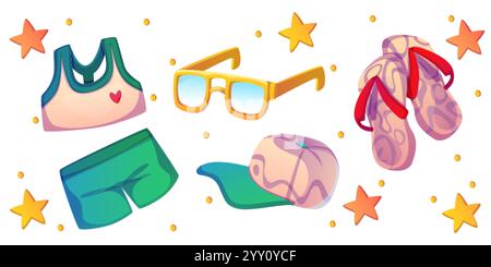 Sommerferien - smaragdgrüner Sport-BH mit Herzdetail, grüne Shorts, gelbe Sonnenbrille, gemusterte Baseballmütze und Flip-Flops mit roten Trägern. Stock Vektor