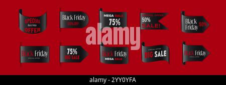 Black Friday Sale und Cyber Monday Rabattabzeichen und Bandetiketten mit Überlagerung und Schatteneffekt auf rotem Hintergrund. Realistisches 3D-Vektorset von Nove Stock Vektor
