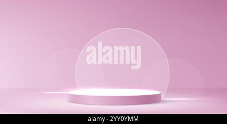 Luxuriöse pinkfarbene Plattform mit überlappenden transparenten runden Glaselementen. Minimalistisch-elegantes Design mit hochwertigem Kosmetikdisplay oder elegantem Design Stock Vektor