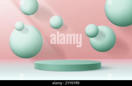 Minimales grünes zylindrisches Podium auf weichem rosa Hintergrund. Weiche Kugeln unterschiedlicher Größe schweben um die Plattform. Bühneneinstellung für Produkt, kosmetische Güte Stock Vektor
