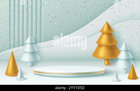 Minimalistische Winterszene mit zylindrischem Podium mit goldenen Zierleisten, umgeben von abstrakten Weihnachtsbäumen in hellgrünen und goldenen Farben. Schneebedeckter Hintergrund wi Stock Vektor