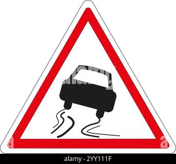 Französisches dreieckiges Straßenschild mit weißem Hintergrund und rotem Rand: Chaussé glissante (rutschige Straße) Stockfoto