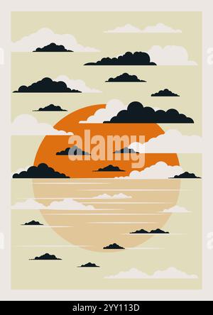 Sonnenaufgang oder Sonnenuntergang Himmel mit Wolken. Vektor-Zeichentrickillustration der schönen Abend- oder Morgenbewölkten Küste. Sommer-Gradient-Himmelsszene Stock Vektor