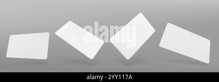Leere Geschenkkarten-Mockups auf grauem Hintergrund isoliert. Vektorrealistische Illustration von leeren weißen Kunststoff- oder Papiercoupons mit Platz für corporat Stock Vektor