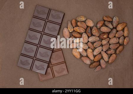 Zwei Arten von Schokoladentafeln. Das Herz besteht aus Kakaobohnen. Schokoladenherstellung von Bohnen bis Tassen. Verschiedene Kakaobohnen. Stockfoto
