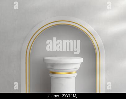 Podium mit weißem Marmor und traditioneller griechischer Säule mit Bogennische in der Wand, goldenen Details und Schatten. Realistischer 3D-Vektor an Stock Vektor