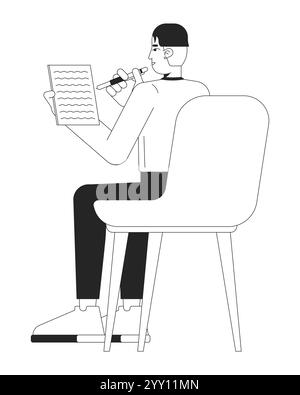 Sitzstuhl asiatischer männlicher Angestellter, der Notizen macht, schwarzer und weißer 2D-Zeilencharakter Stock Vektor