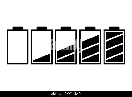 Ein Satz von fünf Batterien mit unterschiedlichen Ladeanzeigen. Vektorabbildung Stock Vektor