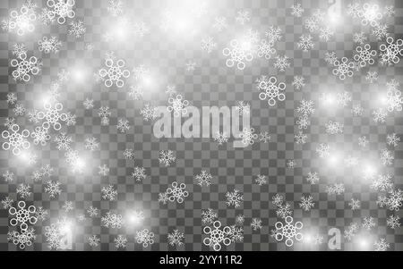 Schneefall und fallende Schneeflocken auf dunklem transparentem Hintergrund. Weiße Schneeflocken und Weihnachtsschnee. Vektorabbildung Stock Vektor