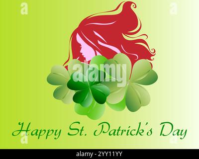 Frau mit roten Haaren und grünen Blättern auf dem Kopf. Die Blätter sind Klee. Der Hintergrund ist grün. Die Worte Happy St. Shamrock St. Patrick Day Rain Stock Vektor