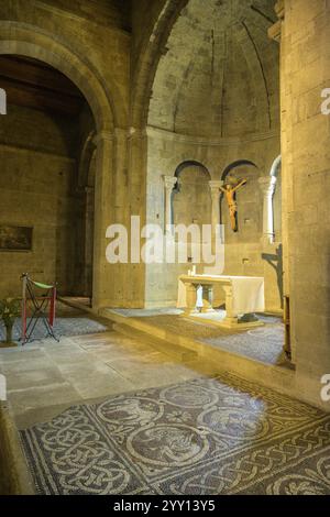 Mittelalterlicher Mosaikboden aus dem 12. Jahrhundert in der Abtei Notre Dame de Ganagobie, Alpes-de-Haute-Provence, Frankreich, Europa Stockfoto