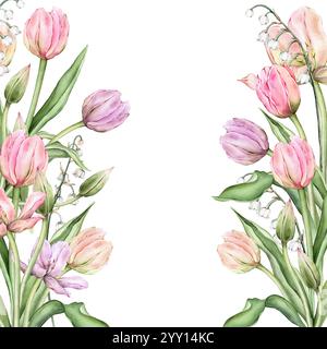 Quadratischer Rahmen mit pastellrosafarbenen hellgelben violetten Tulpen und weißer Maiglöckchen des Tals. Handgezeichnete Aquarellabbildung zart mehrjährige Knollenbildung Stockfoto