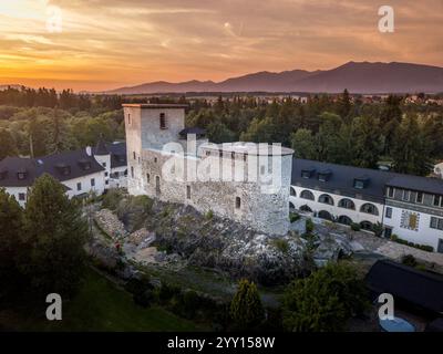 Blick auf die Burg Liptovsky Hradek aus der Luft und Luxusunterkunft in der Slowakei Stockfoto