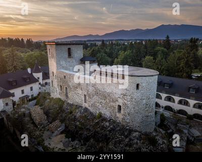 Blick auf die Burg Liptovsky Hradek aus der Luft und Luxusunterkunft in der Slowakei Stockfoto