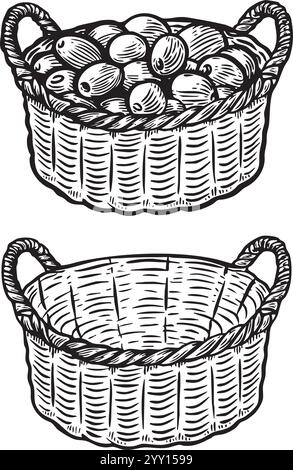 Traditionelle leere und voll gesponnene Korbvektorillustration. Stock Vektor