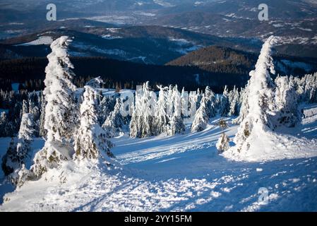 Das Skigebiet Pilsko liegt an der Grenze zwischen Slowenien und Polen und bietet malerische Pisten und Ausblicke Stockfoto