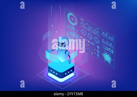 Isometrische Darstellung eines KI-Chatbot-Roboters, der mit futuristischen Daten-Dashboards und holografischen Diagrammen interagiert. Das Konzept der künstlichen Intelligenz Stock Vektor