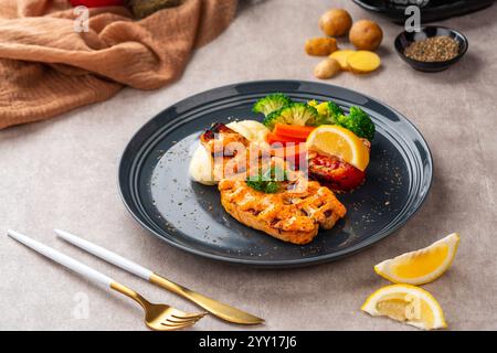 Gegrillte Lachsfilets mit Mentai-Sauce und Kartoffelpüree auf schwarzer Platte mit negativem Textfeld. Stockfoto