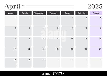 Kalenderplaner April 2025, Woche beginnt am Montag, minimales Design mit leeren Linien, Vektorillustration Stock Vektor