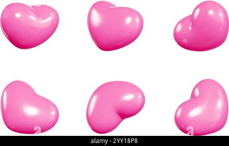 Rosafarbene, herzförmige Ballons aus verschiedenen Winkeln zur Hervorhebung der glänzenden Oberflächenstruktur. 3D-Vektor Stock Vektor