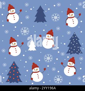Schneemänner und Weihnachtsbäume nahtloses Muster Stock Vektor