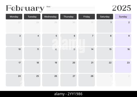 Februar 2025 Kalender-Schreibtisch-Planer, Woche beginnt am Montag, minimales Design mit leeren Linien, Vektorillustration Stock Vektor