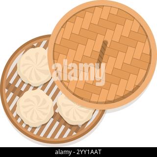 Traditionelle chinesische Baozi in einem Bambusdampfer, isoliert Stock Vektor