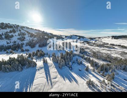 Winterliches Luftbild des Skigebietes Hochhaedrich und Skigebiets im Bregenzer Wald neben Hittisau, Vorarlberg, Österreich Stockfoto