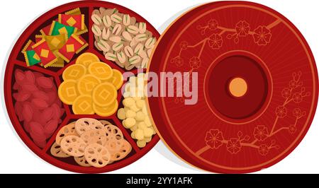Offene chinesische Süßigkeiten-Schachtel gefüllt mit Leckereien, chinesisches Neujahrsfest und chinesisches Kulturkonzept Stock Vektor