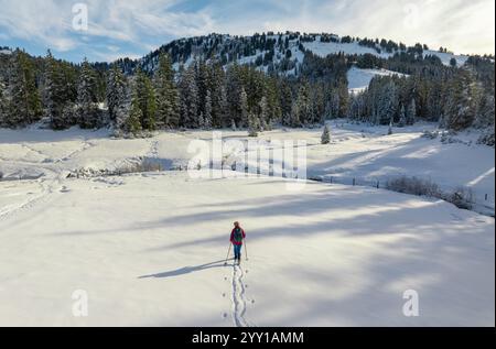 Luftbild einer aktiven Seniorin beim Wandern im Tiefschnee im Hochhaedrich-Gebiet des Bregenzer Waldes in Vorarlberg, Österreich Kategorie Sport Stockfoto