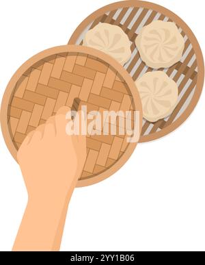 Öffnen Sie von Hand einen Bambus-Dampfkorb und zeigen Sie köstliche Baozi-Brötchen, isoliert Stock Vektor