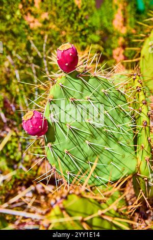 Kaktuskaktus mit rosa Tunas in sonnendurchfluteter Nahaufnahme Stockfoto