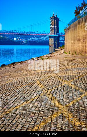 Historische Hängebrücke über den Ohio River mit Kopfsteinpflaster Stockfoto
