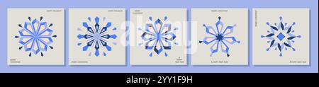 5 elegante Weihnachtskarten mit Schneeflocken. Geometrische Formen, Eisblau und modernes minimalistisches Design. Stock Vektor