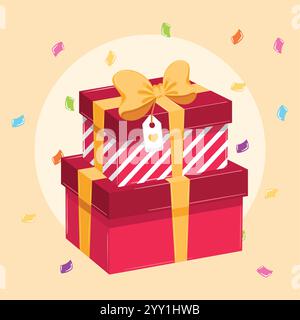 Gestapelte rote Geschenkboxen mit goldenen Bändern und Schleife Vektor Stock Vektor