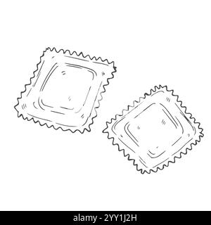 Italienische Nudelravioli mit Fleisch oder Käse im Inneren. Handgezeichnete Illustration traditioneller italienischer Gerichte im Skizzenstil. Am besten geeignet für Menügestaltung und Verpackung Stock Vektor