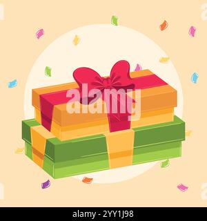 Grüne und gelbe Geschenkboxen mit roter Schleife und Bändern Vektor Stock Vektor
