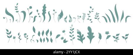 Sammlung botanischer Silhouetten mit verschiedenen Blättern, Pflanzen, Stämmen und Blumenelementen. Stock Vektor