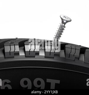 Metallschraube durchbohrt einen schwarzen Reifen auf weißem Hintergrund 3d Stockfoto
