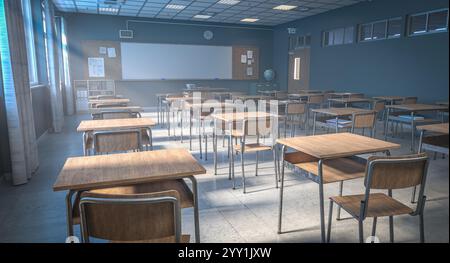 Leeres Klassenzimmer mit Holzschreibtischen und Stühlen 3d Stockfoto