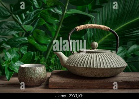 Japanische Eisenkanne und Teetasse und grüne tropische Pflanzen als Hintergrund, Kopierraum. Traditionelle Teezeremonie, Entspannung im Freien. Stockfoto