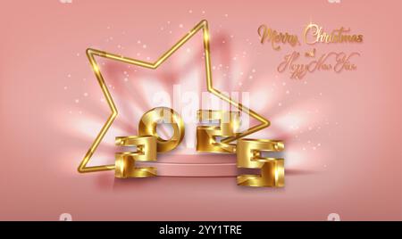 2025 goldene 3D-Zahlen: Frohe Weihnachten und Happy New Year Banner mit goldenem Sternrahmen in 3D-Plattform-Studio-Display. Modischer Fußboden. Luxus Stock Vektor