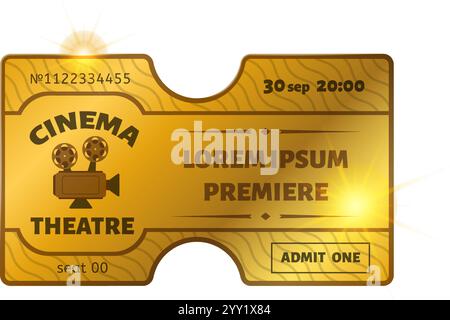 Goldenes Kinoticket für eine Filmpremiere mit Datum, Uhrzeit, Sitzplatz und Nummer, mit einer Vintage-Videokamera und Lichtern auf weißem Hintergrund Stock Vektor