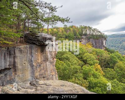 Der Endless Wall Trail mit dem Truthahn Spur Rock im Hintergrund im New River Gorge National Park zeigt beeindruckende Felsformationen, die für einen Atem sorgen Stockfoto