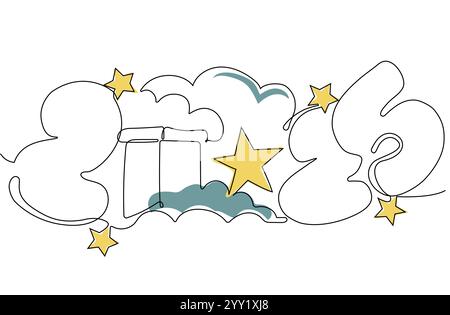 Durchgehende einzeilige Doodle-Zeichnung des Neujahrs 2025. Weihnachtskonzept, festlicher Text für das neue Jahr, minimalistisches Design. Vektorabbildung Stock Vektor