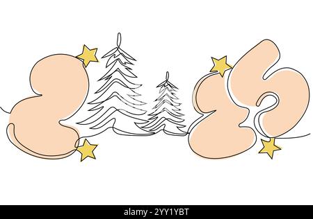 Durchgehende einzeilige Doodle-Zeichnung des Neujahrs 2025. Weihnachtskonzept, festlicher Text für das neue Jahr, minimalistisches Design. Vektorabbildung Stock Vektor