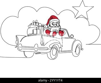 Vektor Hand gezeichnete Weihnachtskonzeptskizze. Weihnachtsmann fährt Auto mit offener Tasche voller Geschenke. Weihnachtskonzept mit Schriftzügen. Vektorabbildung Stock Vektor