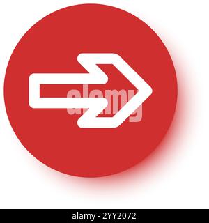 Weißer Pfeil, der nach rechts zeigt, zeigt die nächste oder Vorwärtsrichtung an, platziert auf einer roten Kreisschaltfläche mit Schlagschatteneffekt, die ein modernes und darstellt Stock Vektor