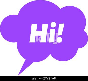 Zeichentrickillustration einer lila Gedankenblase, die hallo sagt, Gruß, Gruß, Kommunikationskonzept, Ausrufezeichen, auf weißem Hintergrund Stock Vektor