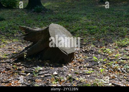 Riesiger stumpf gefäller Baum im Stadtpark. Stockfoto